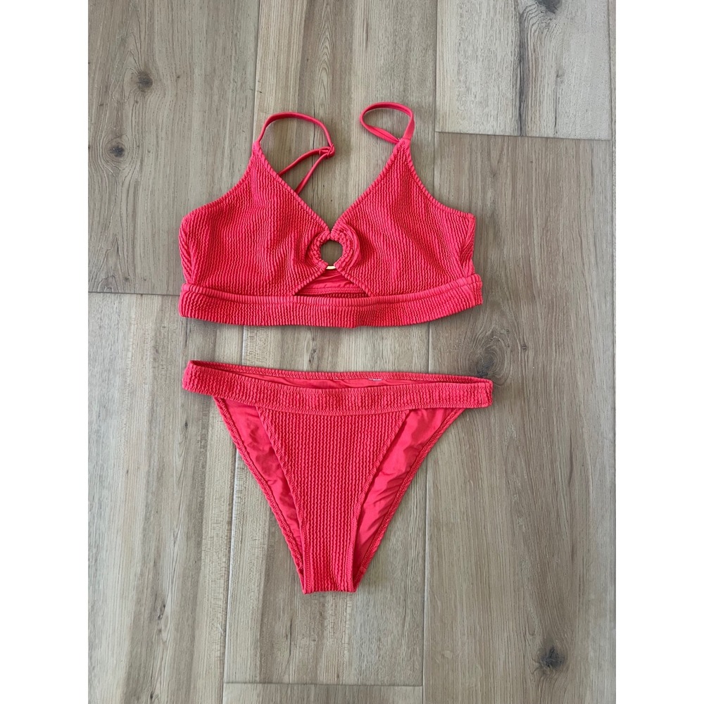 Aerie Real Good Red Textured Ring Bikini Set Scoop Top XL Cheeky Bottoms M
